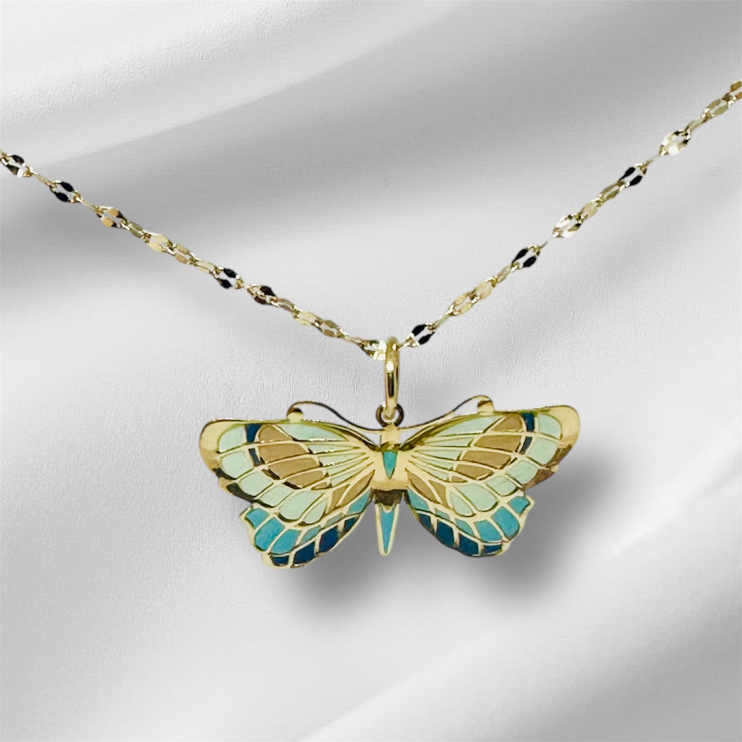 14K Solid Gold Large Butterfly Enamel Pendant