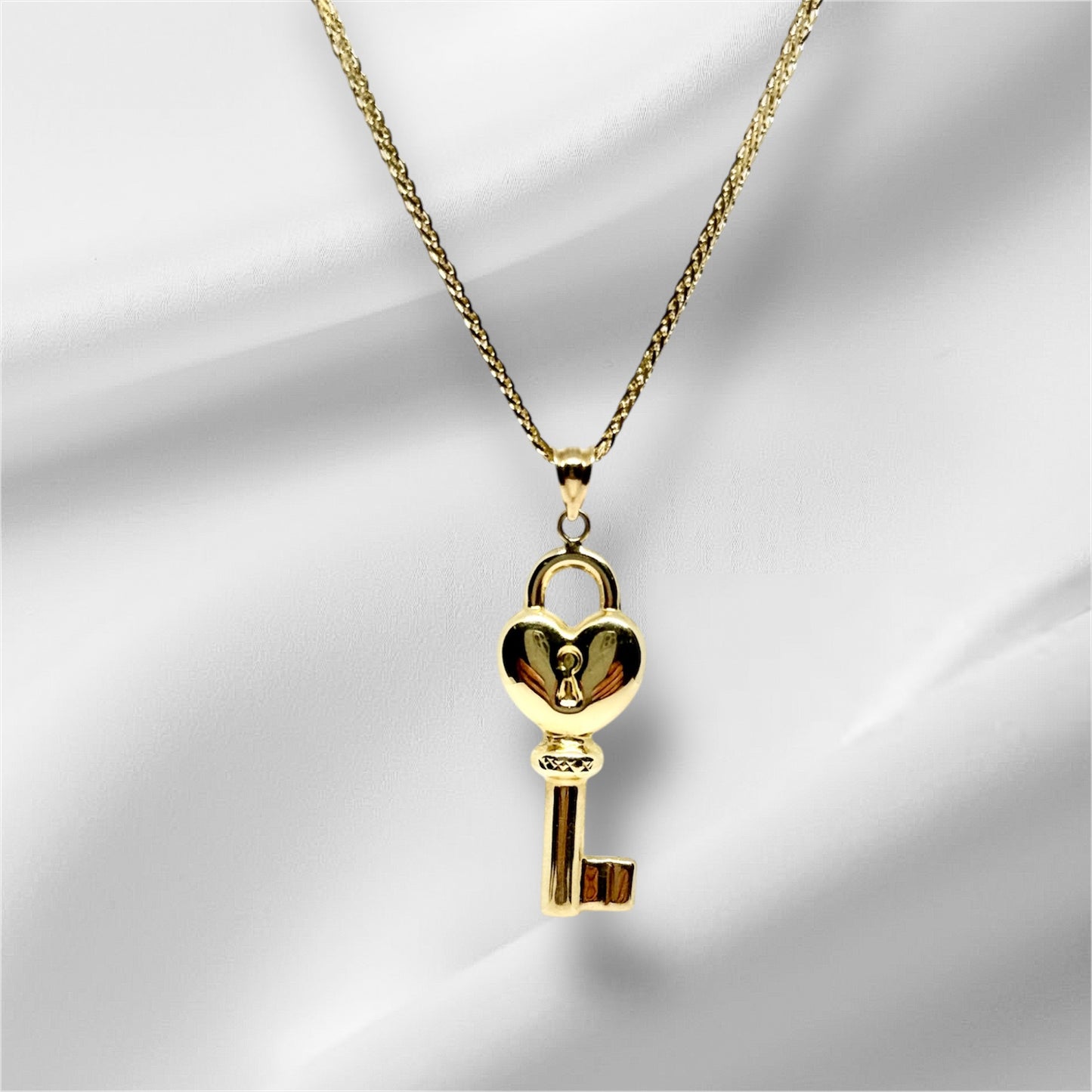14K Solid Gold Heart Key Pendant