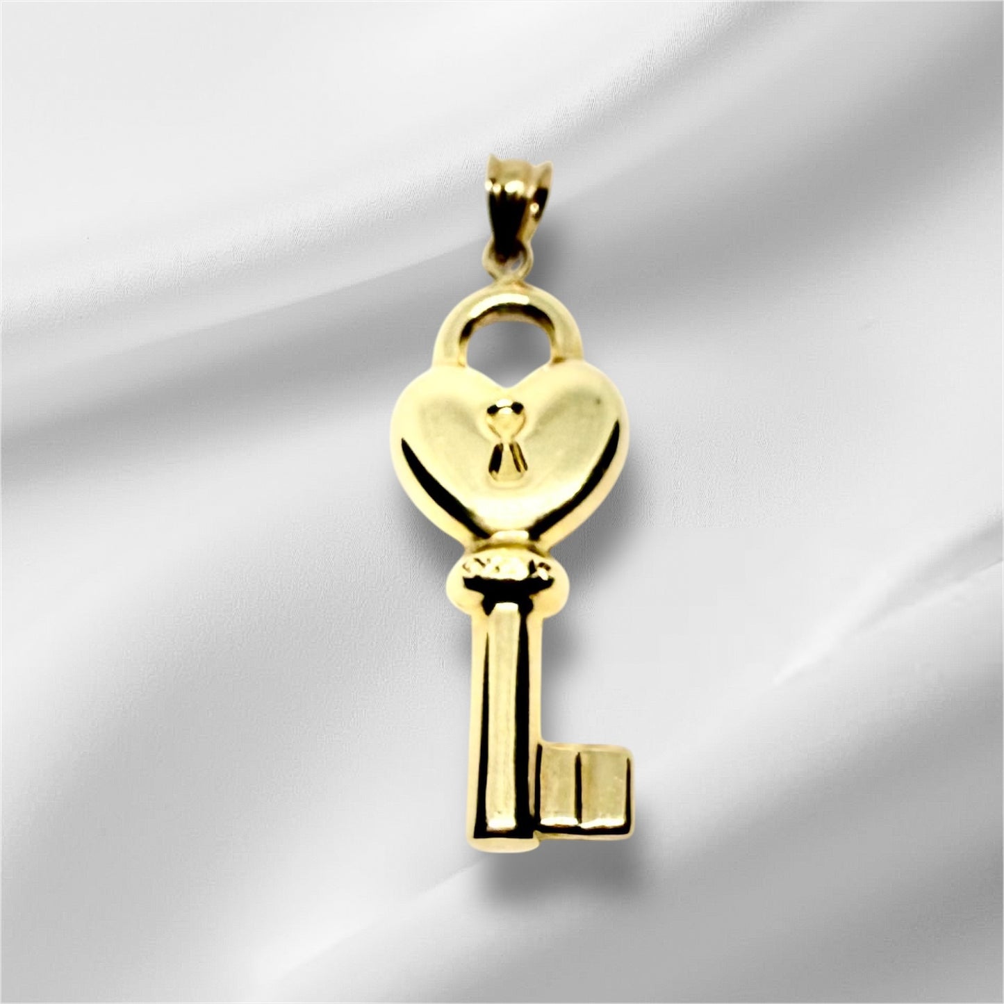 14K Solid Gold Heart Key Pendant