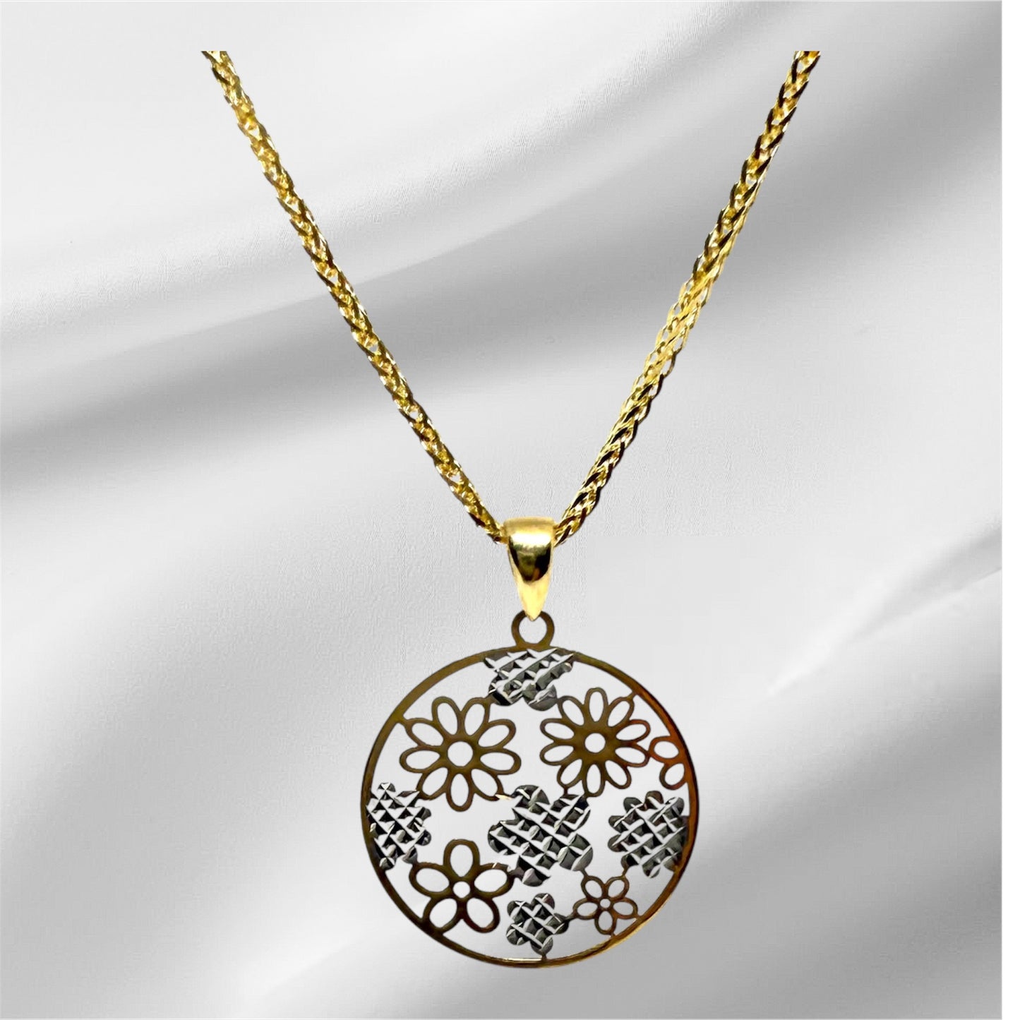 14K Solid Gold Circular Floral Pendant