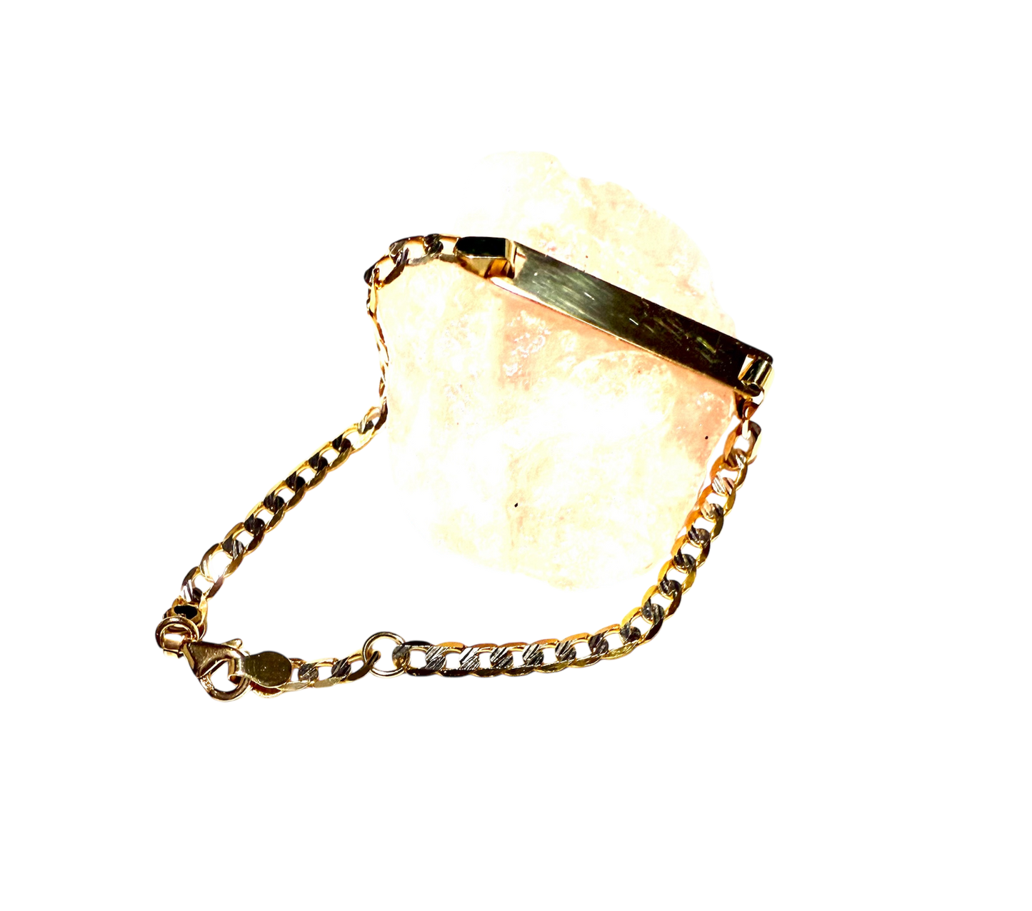 14K Solid Gold Two Tone Flat Cuban Link Chain ID Bracelet