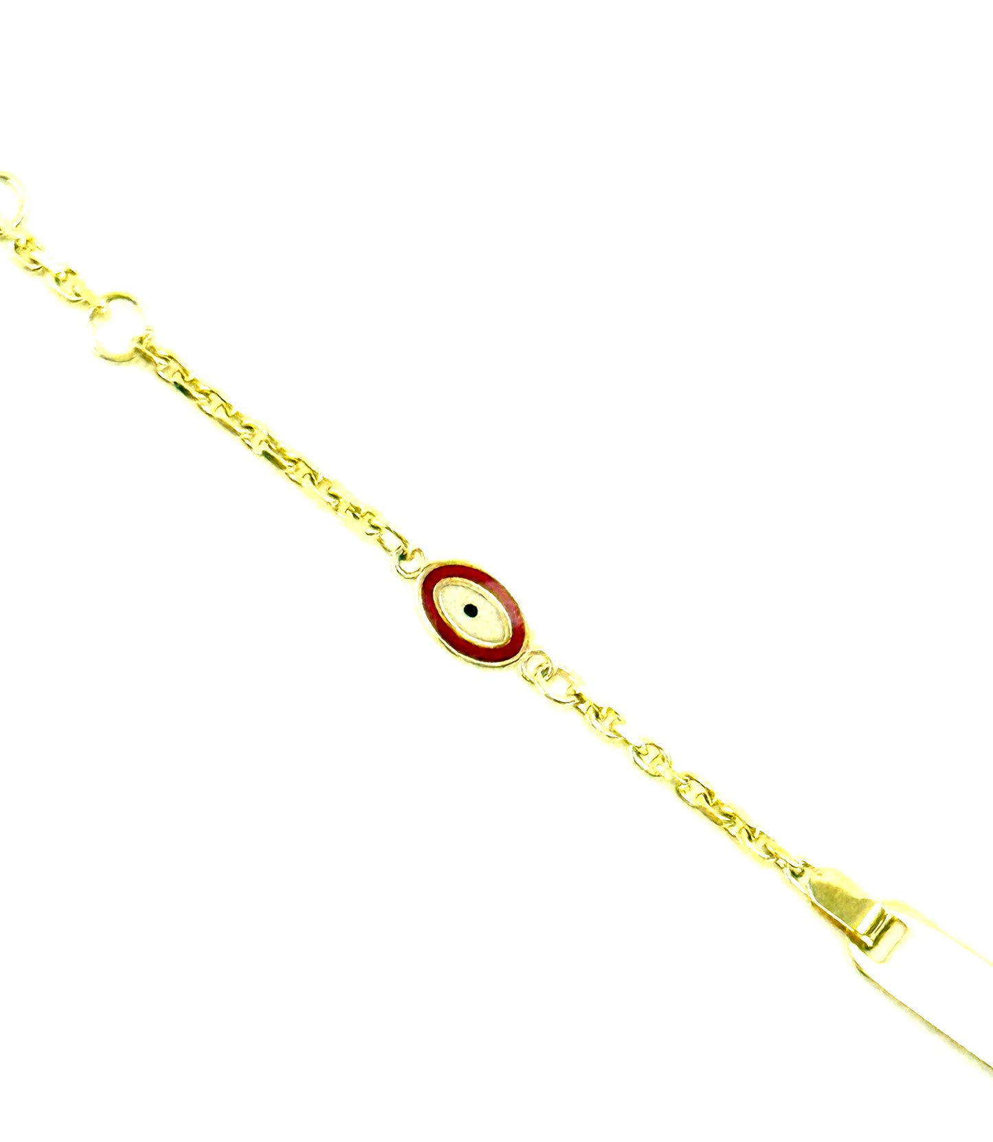 14K Solid Gold Cable Chain ID Bracelet with Red Evil Eye Accent (Free Engraving)