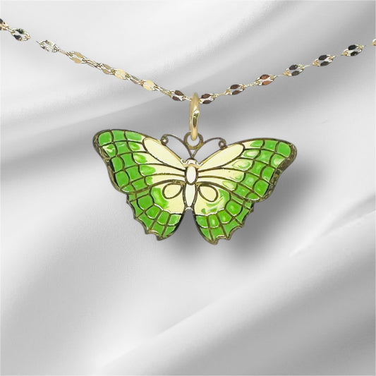 14K Solid Gold Large Butterfly Enameled Pendant