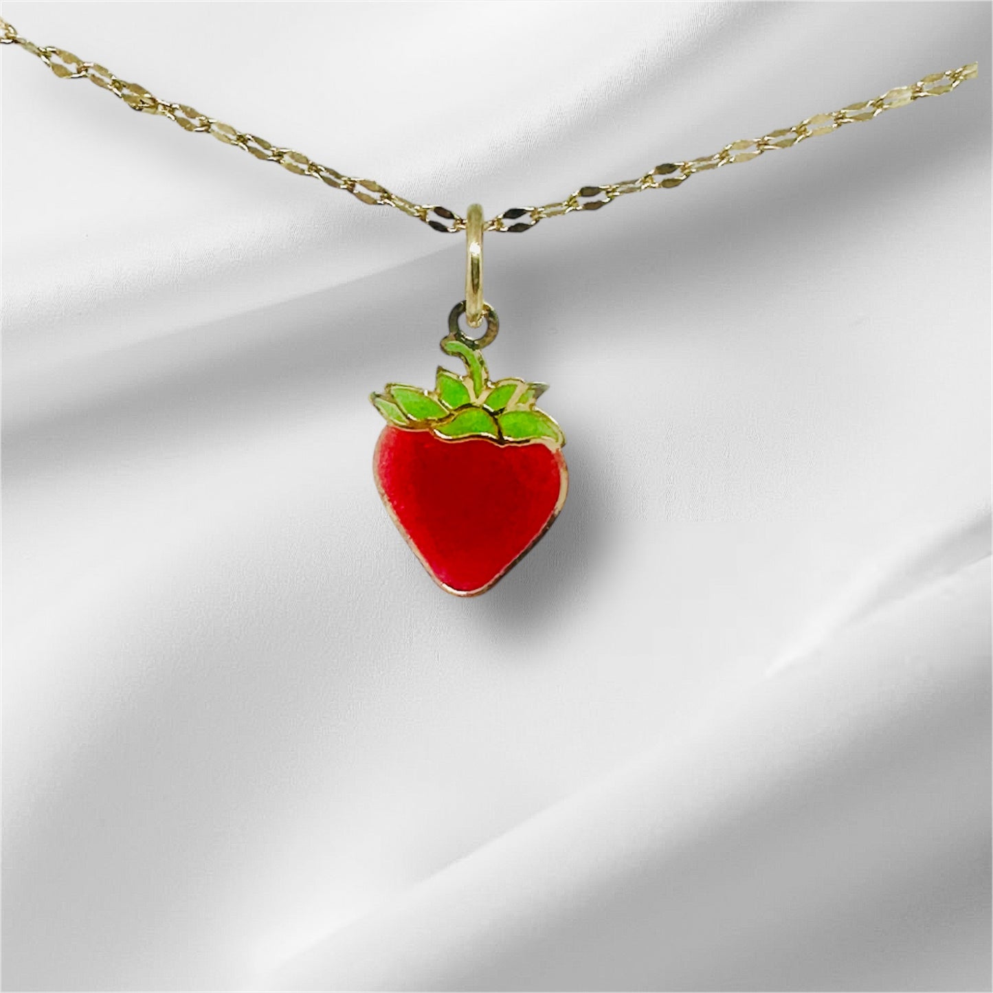 14K Solid Gold Enameled Strawberry Pendant