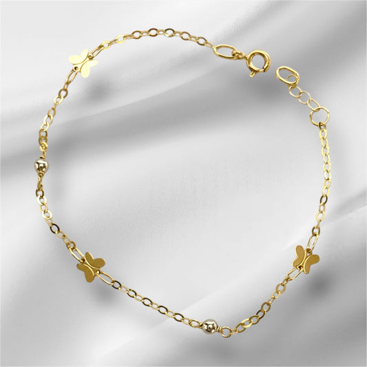 14K Solid Gold Cable Chain with Butterfly and White Beads Accent