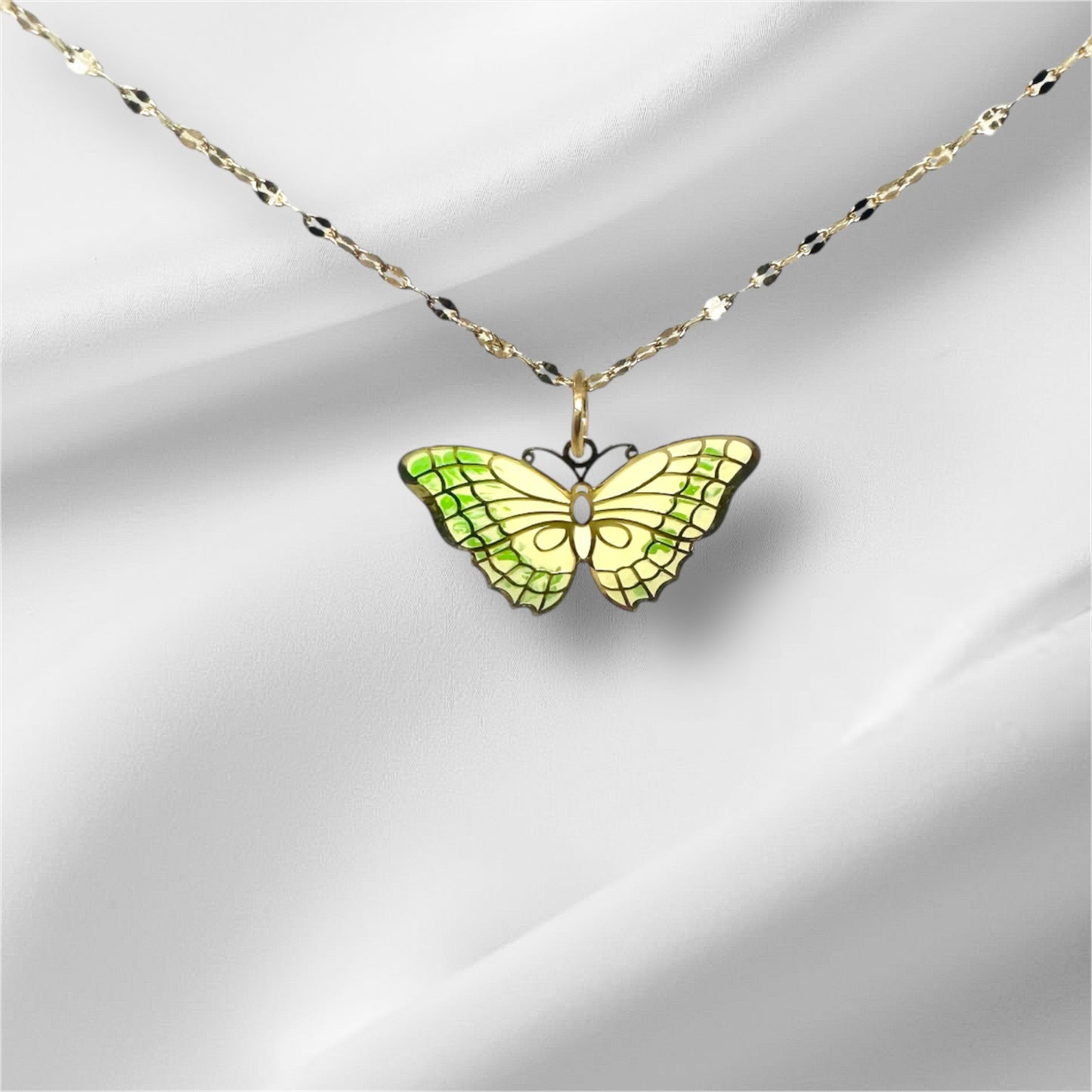 14K Solid Gold Large Butterfly Enameled Pendant