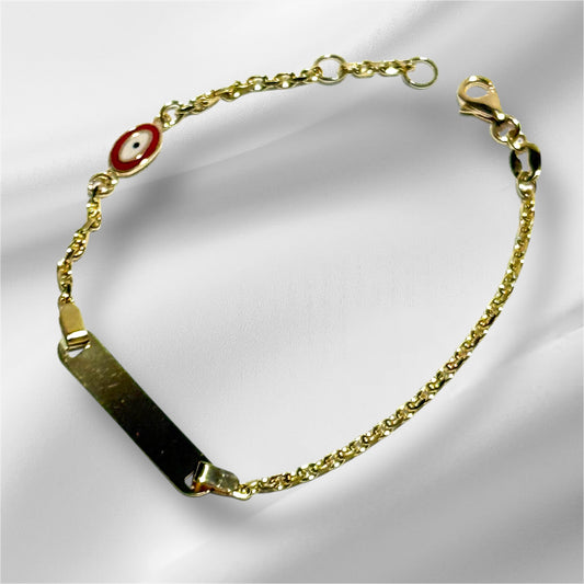 14K Solid Gold Cable Chain ID Bracelet with Red Evil Eye Accent (Free Engraving)
