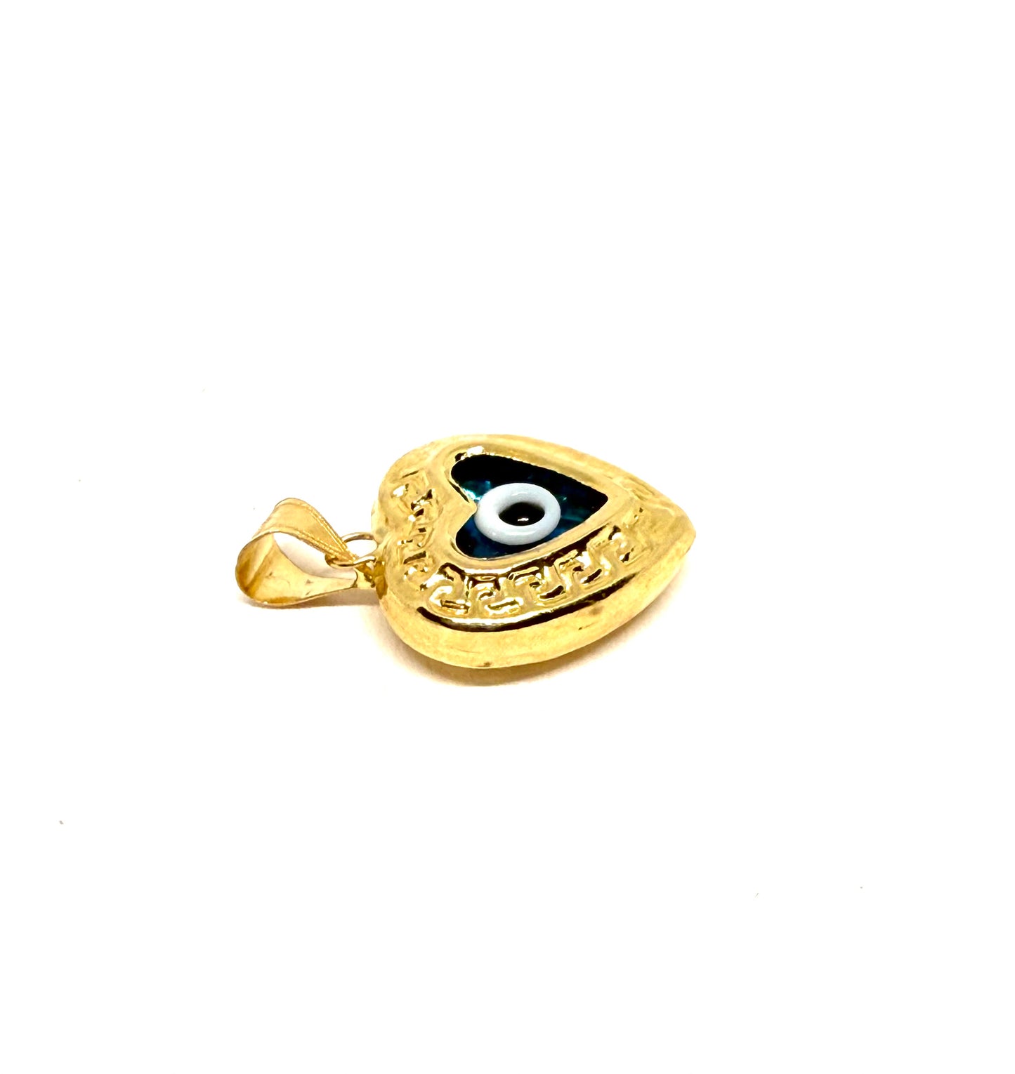 14K Solid Gold Puffy Heart with Evil Eye Pendant
