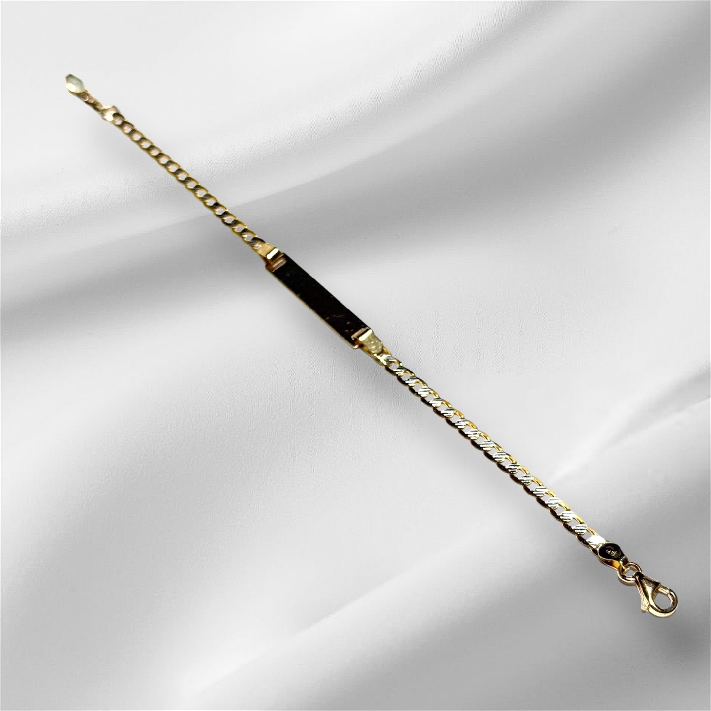 14K Solid Gold Two Tone Flat Cuban Link Chain ID Bracelet