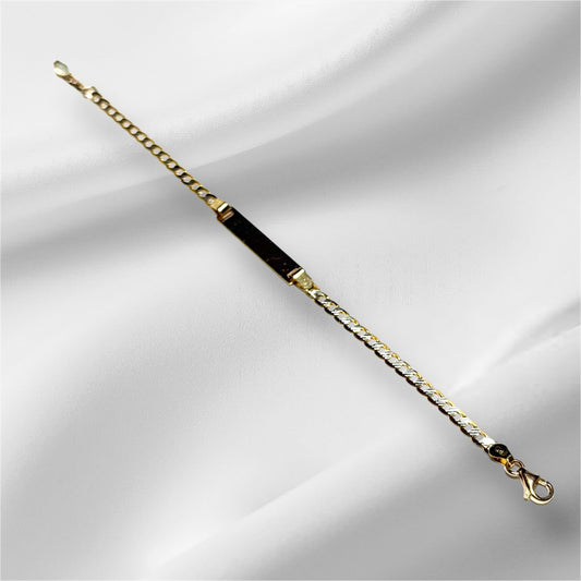 14K Solid Gold Two Tone Flat Cuban Link Chain ID Bracelet