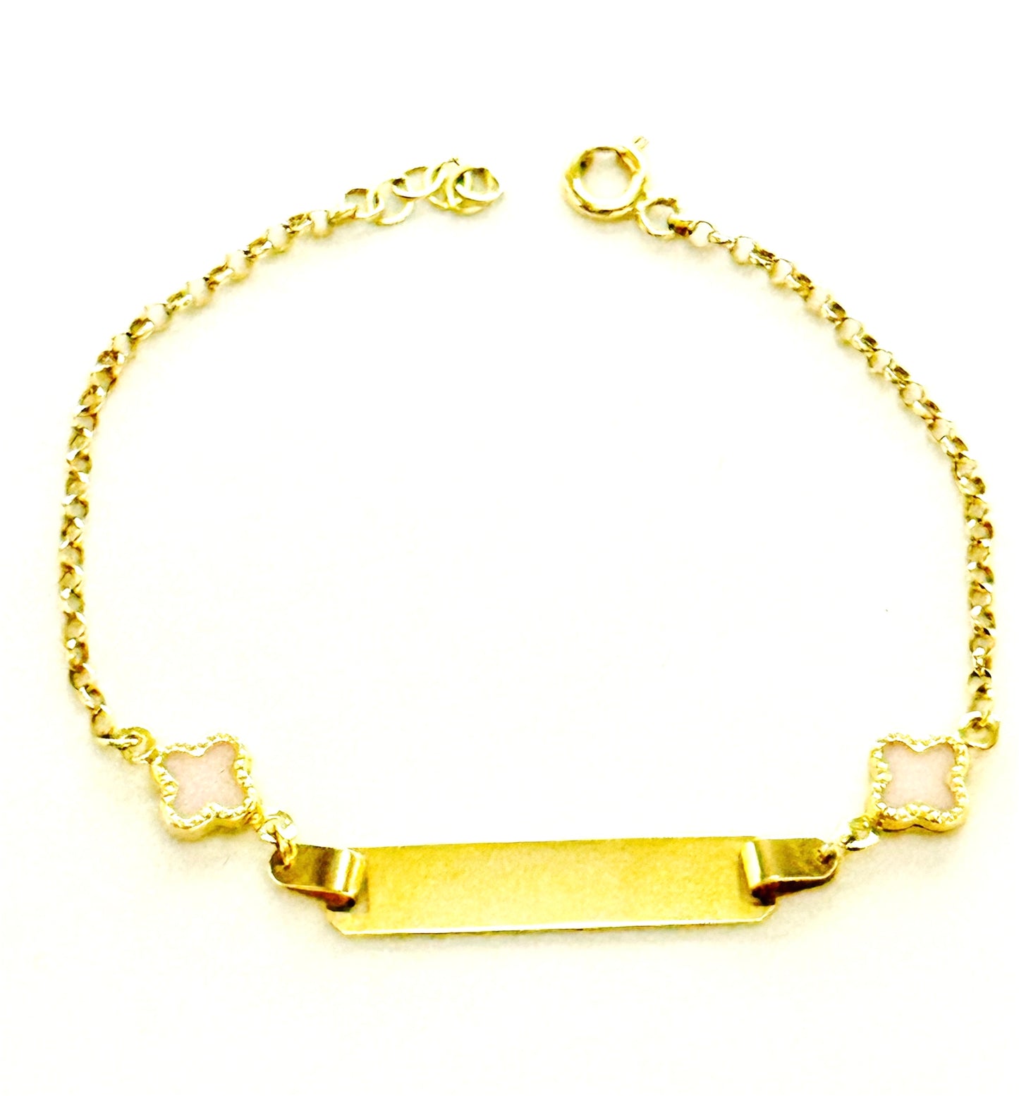 14K Solid Gold Rolo Chain with Four Leaf Clover Accent Baby ID Bracelet (Free Engraving)