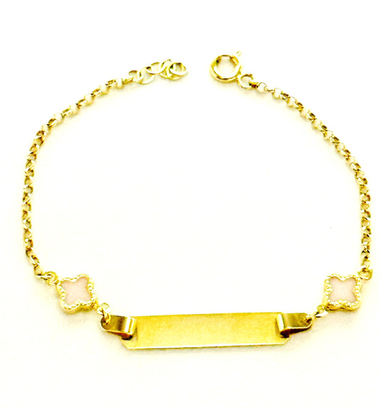 14K Solid Gold Rolo Chain with Four Leaf Clover Accent Baby ID Bracelet (Free Engraving)