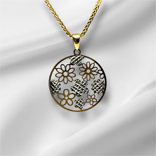 14K Solid Gold Circular Floral Pendant