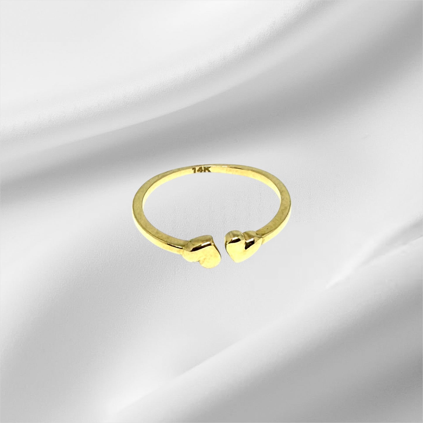 14K Solid Gold Two Puffy Hearts Adjustable Ring