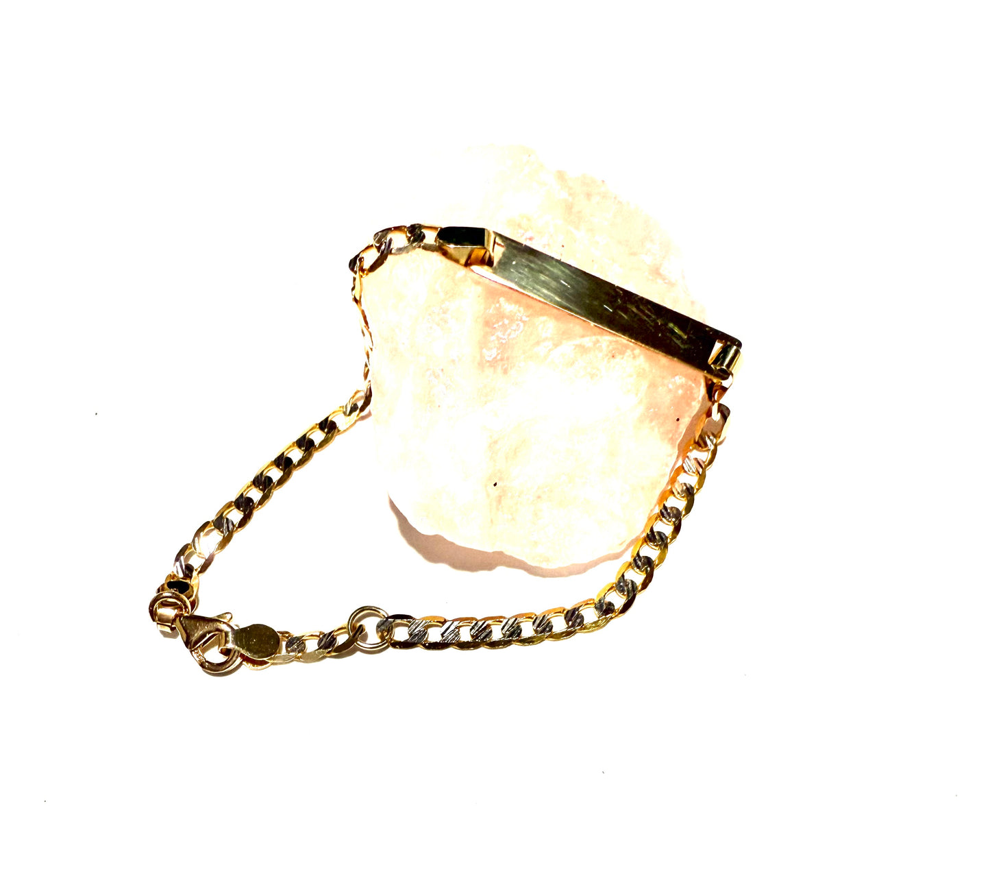 14K Solid Gold Two Tone Flat Cuban Link Chain ID Bracelet