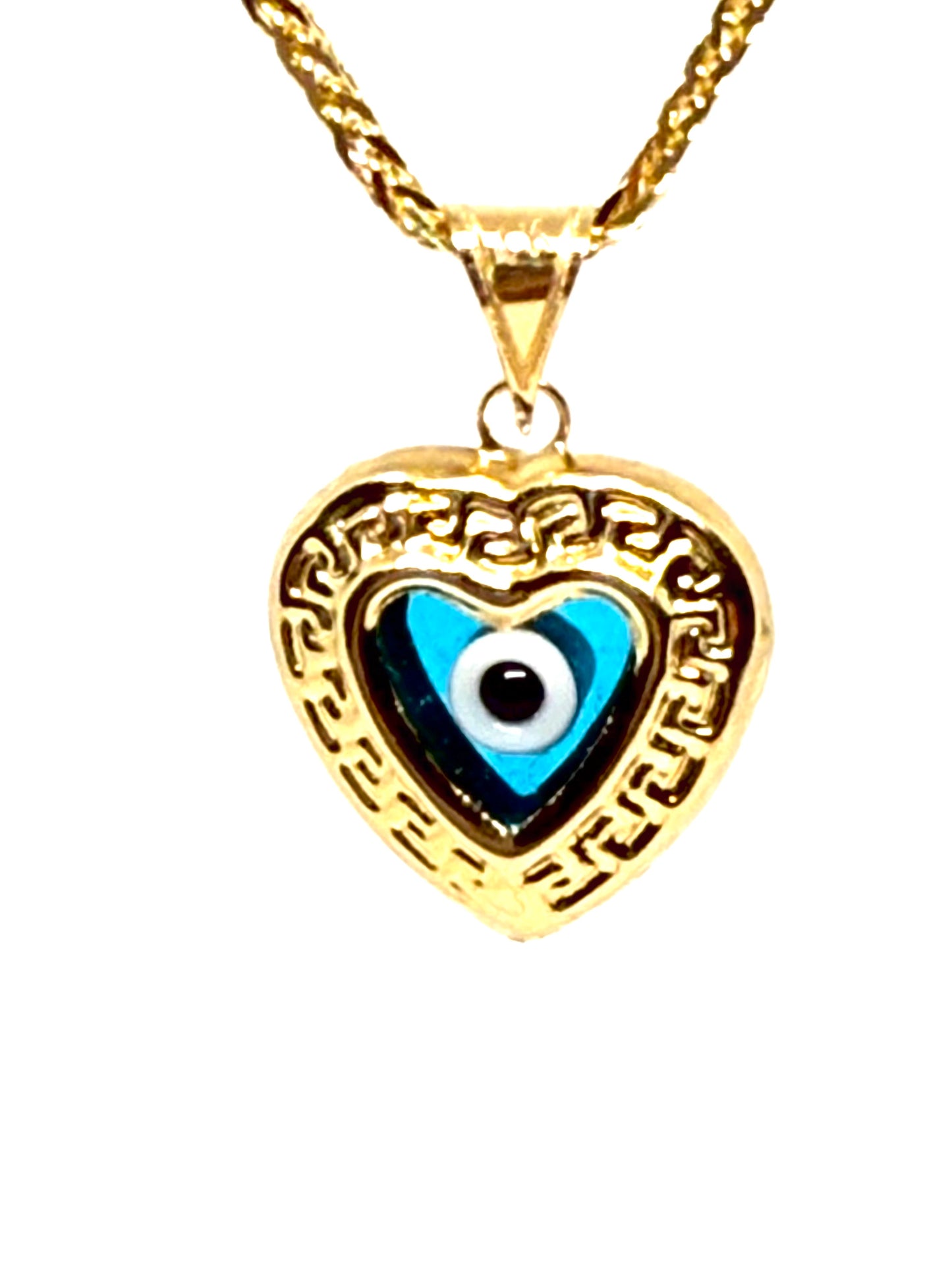 14K Solid Gold Puffy Heart with Evil Eye Pendant