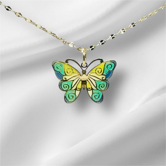 14K Solid Gold Medium Enamel Butterfly Pendant