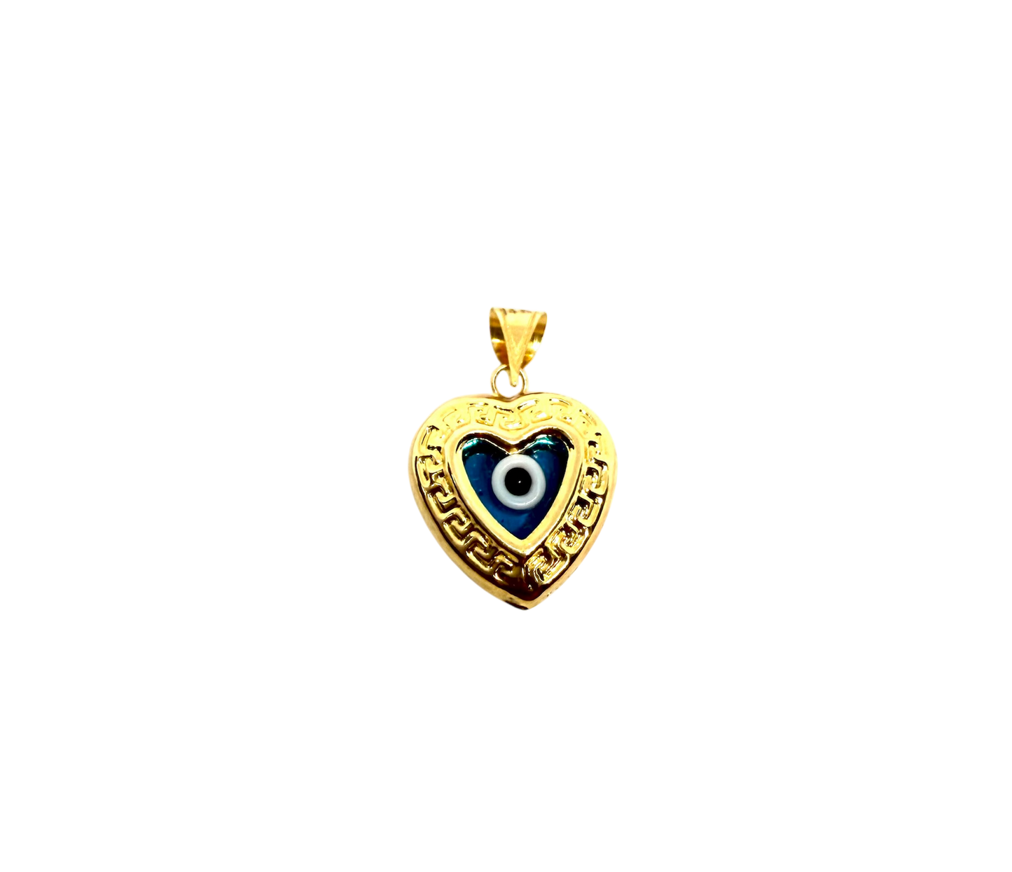 14K Solid Gold Puffy Heart with Evil Eye Pendant
