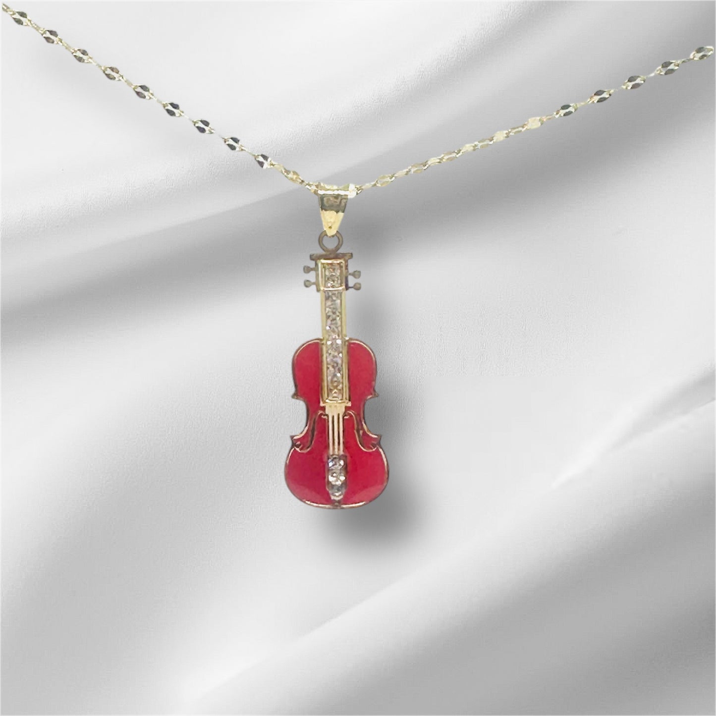 14K Solid Gold Enameled Violin Pendant