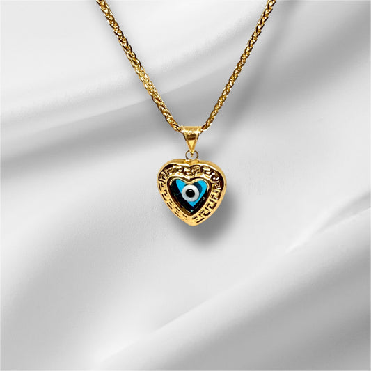 14K Solid Gold Puffy Heart with Evil Eye Pendant