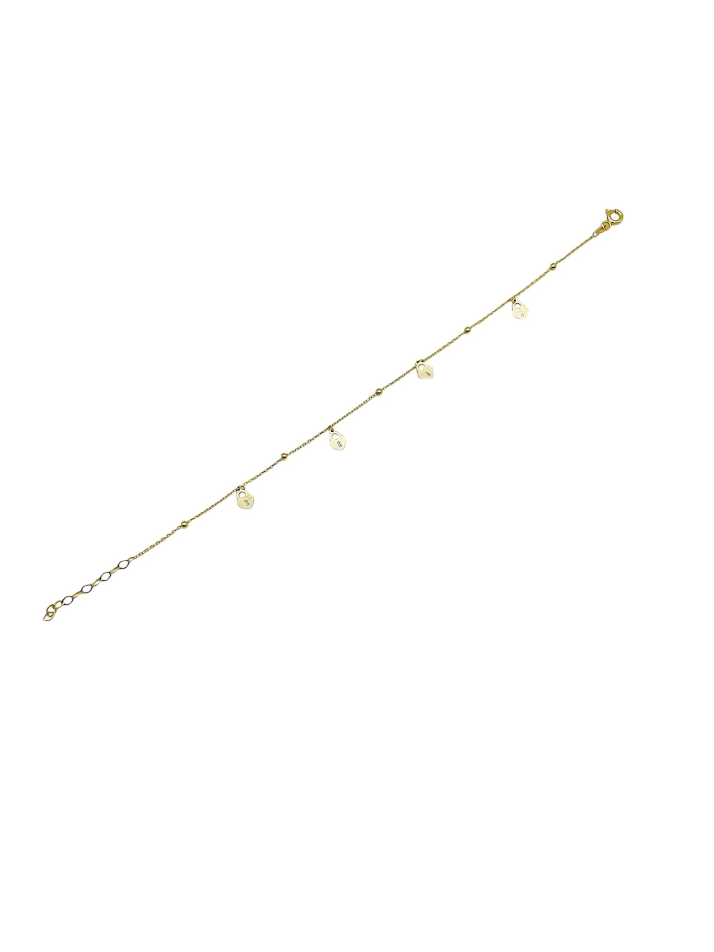 14K Solid Yellow Gold Beaded Bracelet with Padlock Heart Design Charms