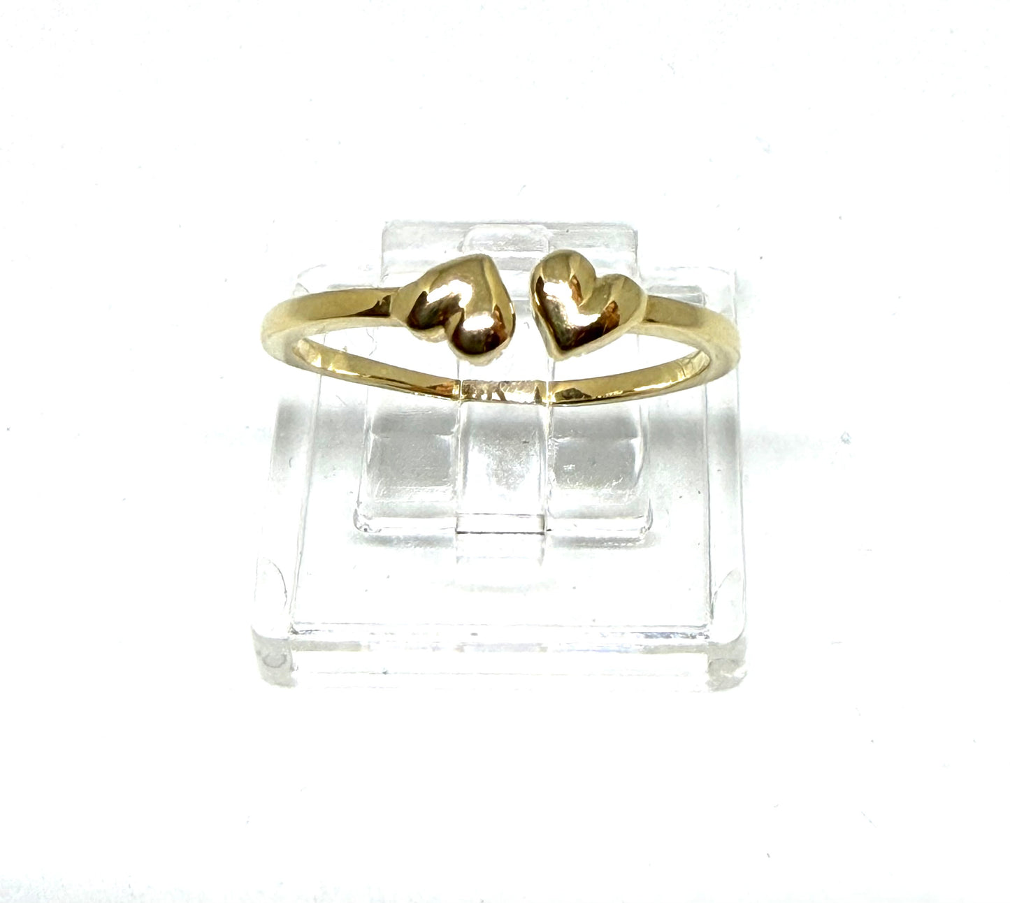 14K Solid Gold Two Puffy Hearts Adjustable Ring