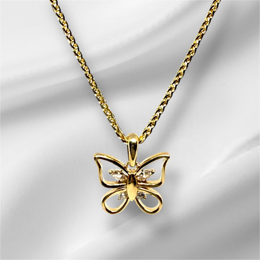 14K Solid Gold Butterfly with CZ Pendant