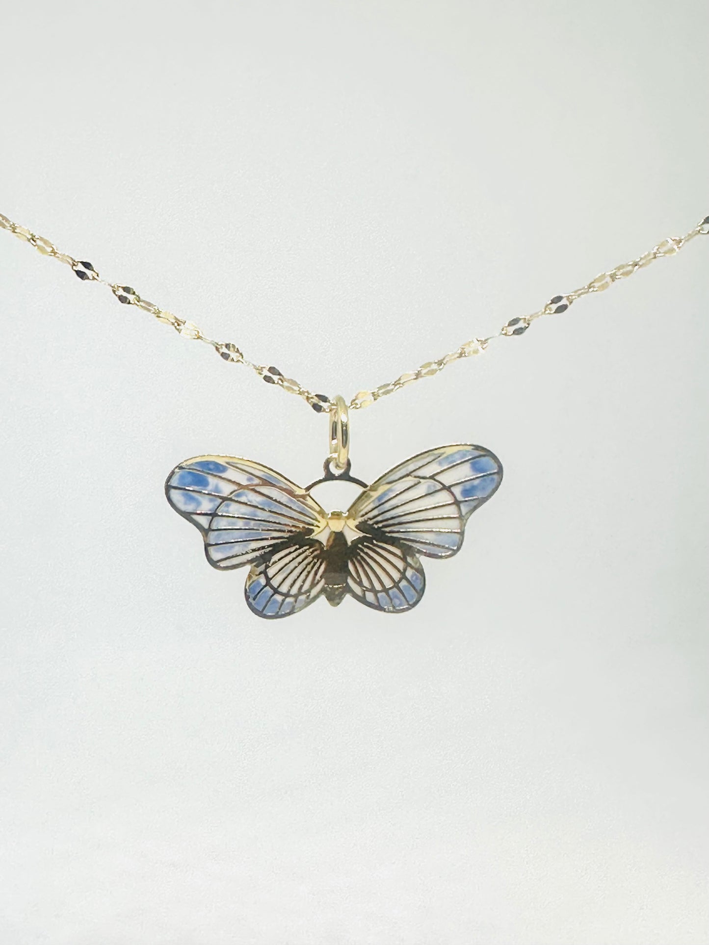 14K Solid Gold Large Enameled Butterfly Pendant