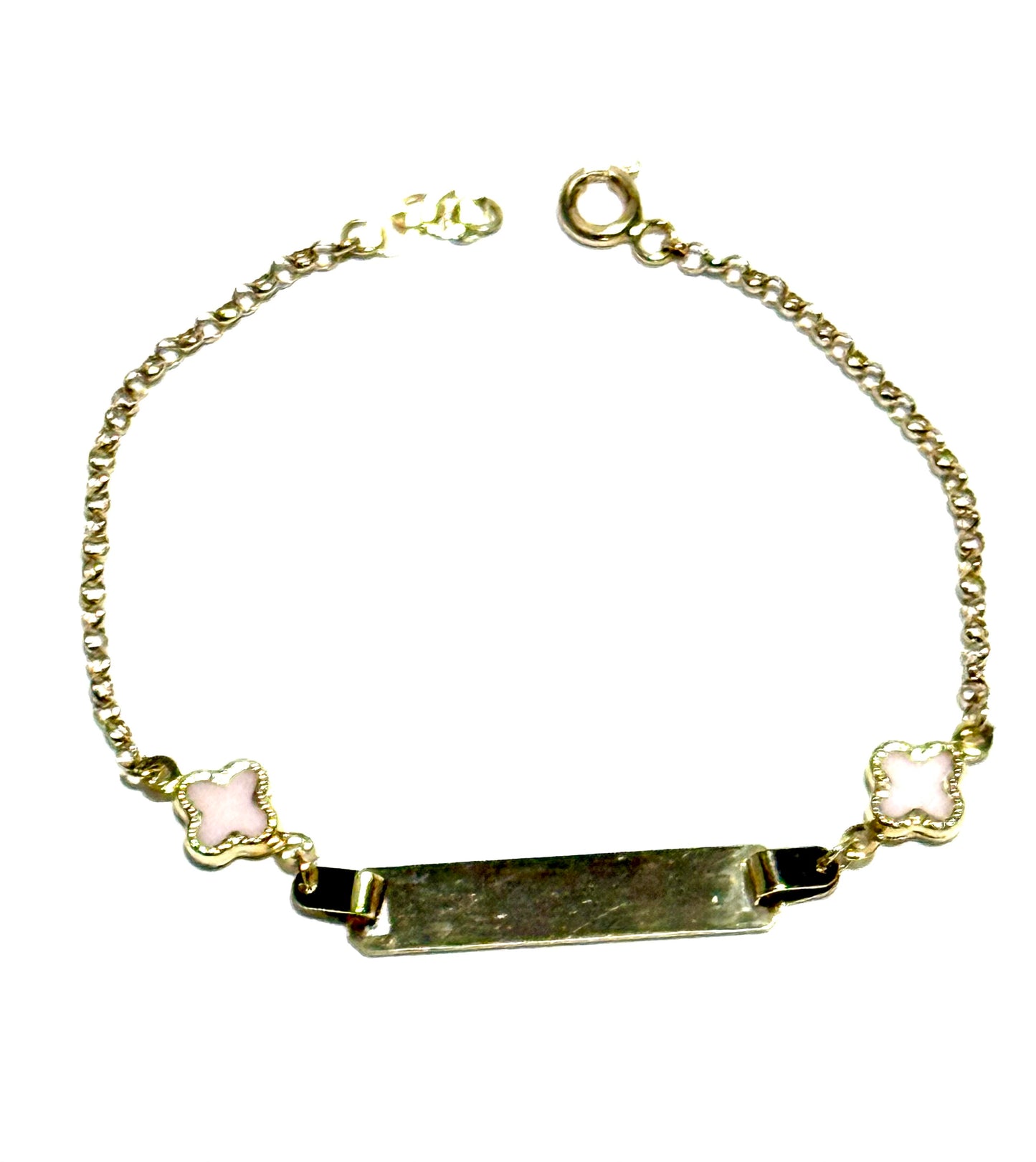 14K Solid Gold Rolo Chain with Four Leaf Clover Accent Baby ID Bracelet (Free Engraving)