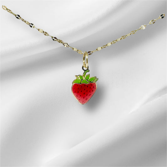 14K Solid Gold Enameled Strawberry Pendant