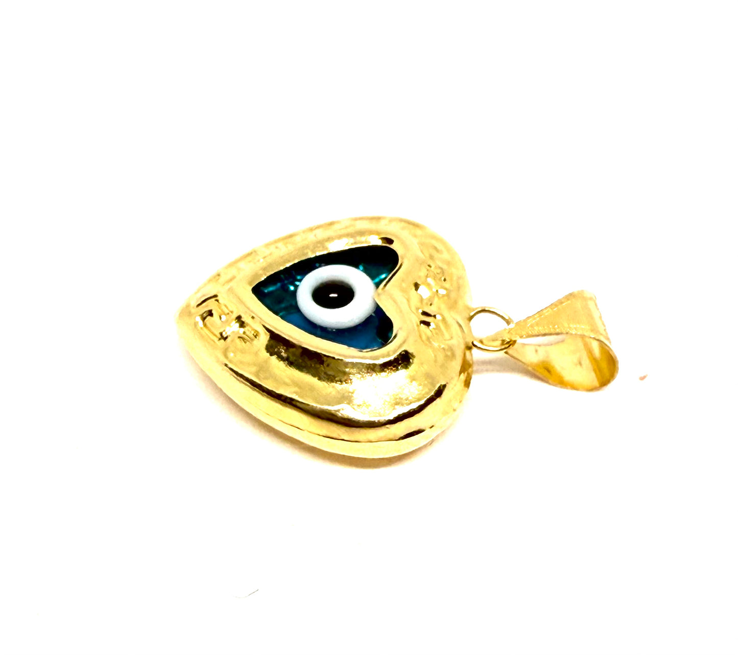 14K Solid Gold Puffy Heart with Evil Eye Pendant