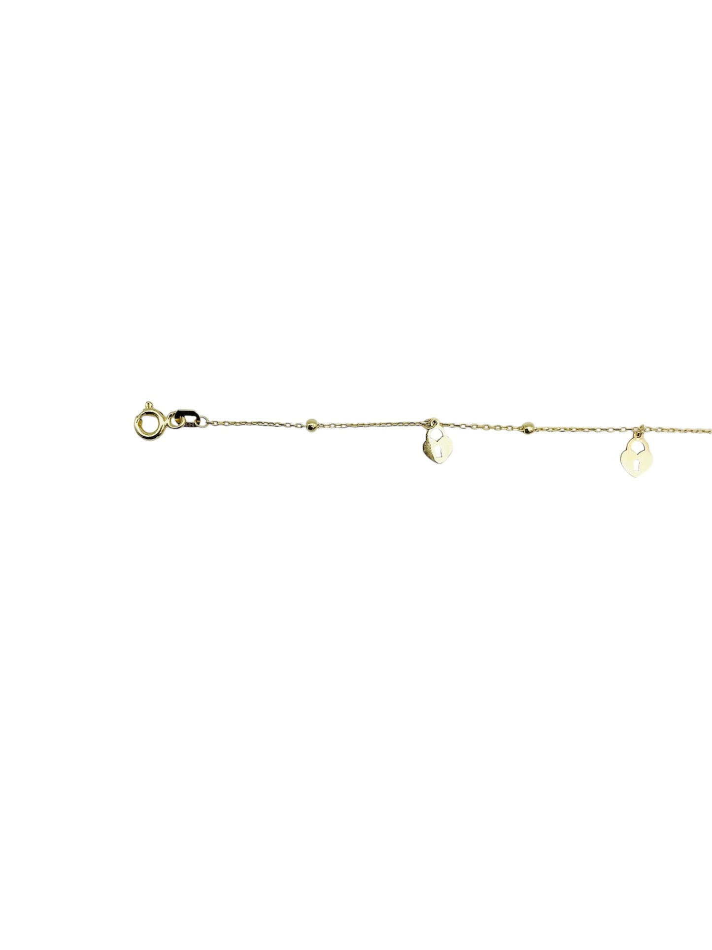 14K Solid Yellow Gold Beaded Bracelet with Padlock Heart Design Charms