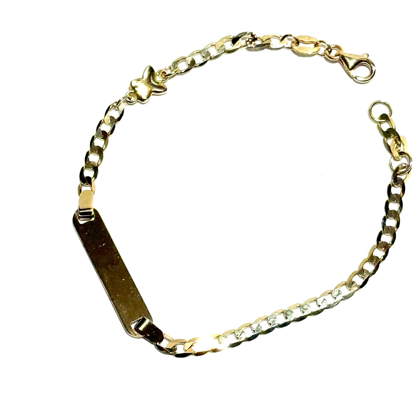 14K Solid Gold Flat Cuban Link Chain with Butterfly Accent ID Bracelet (Free Engraving)