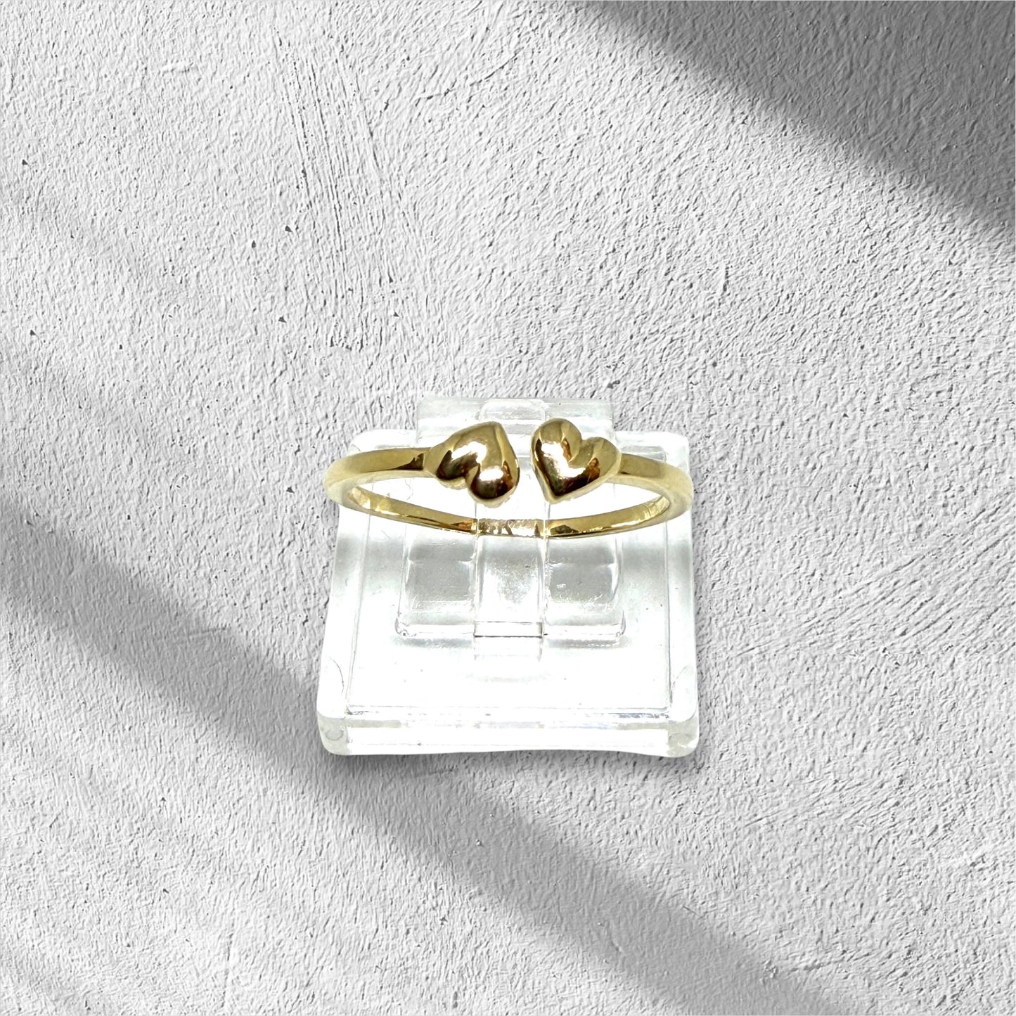 14K Solid Gold Two Puffy Hearts Adjustable Ring