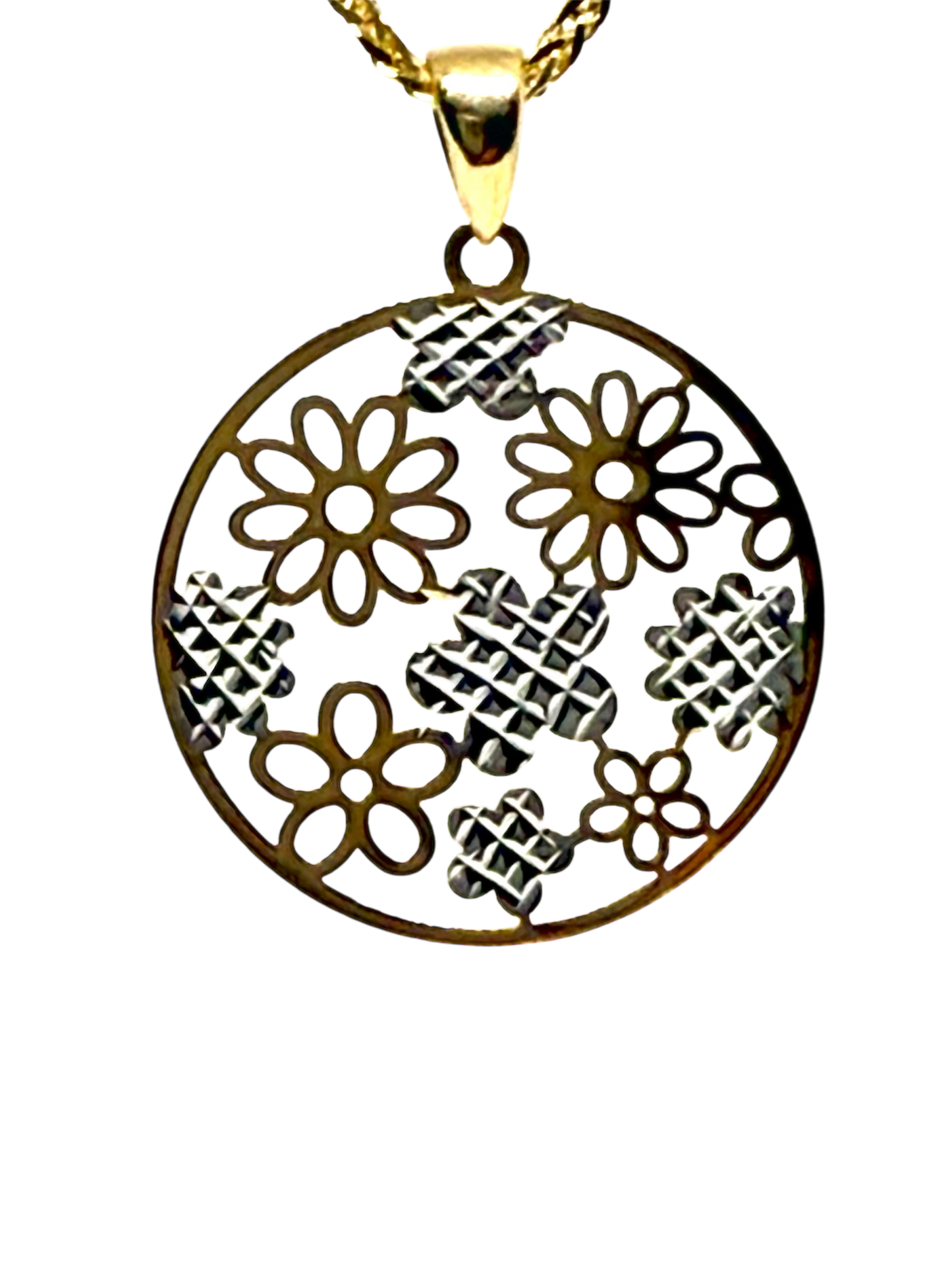 14K Solid Gold Circular Floral Pendant