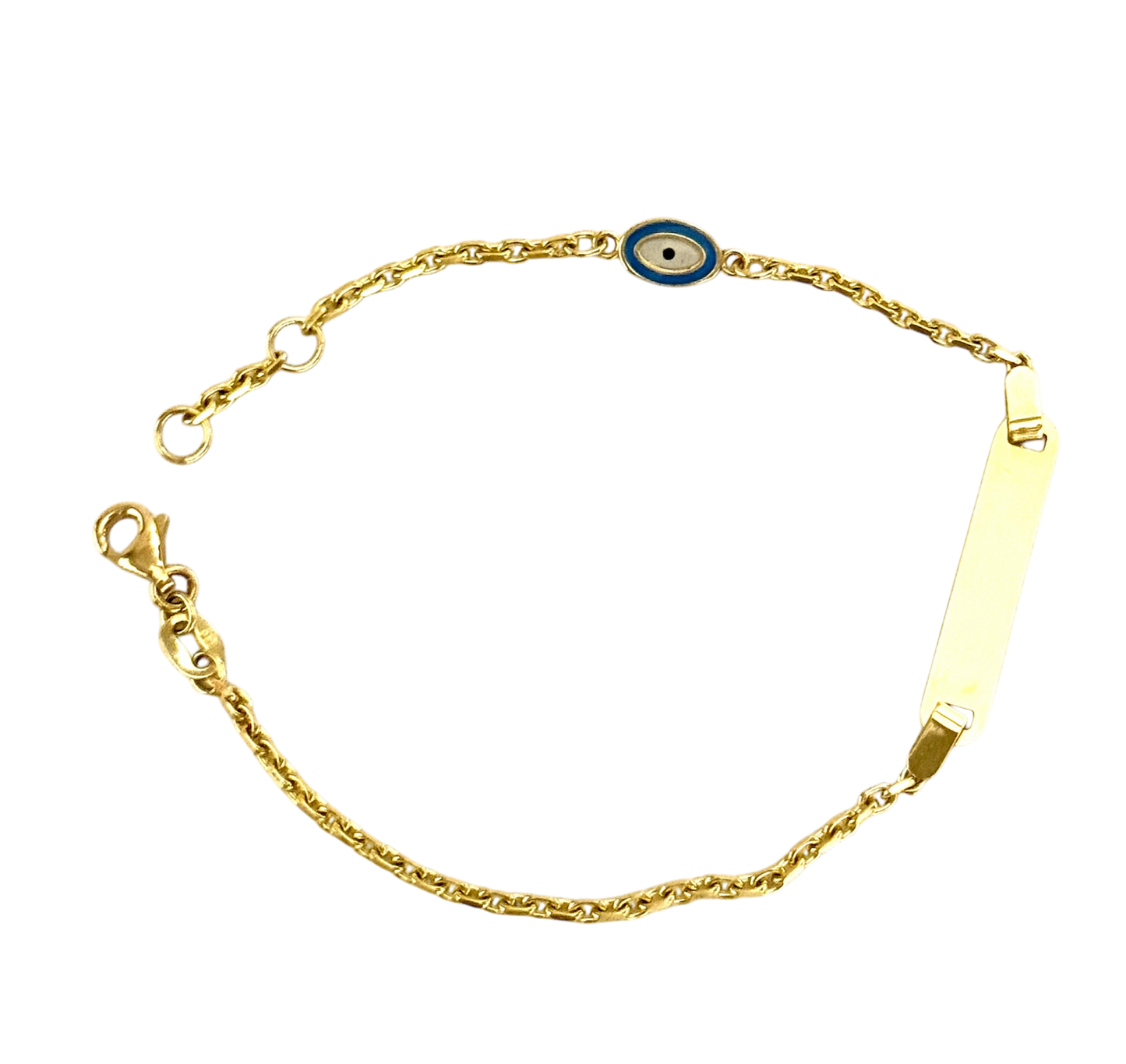 14K Solid Gold Cable Chain ID Bracelet with Blue Evil Eye (Free Engraving)
