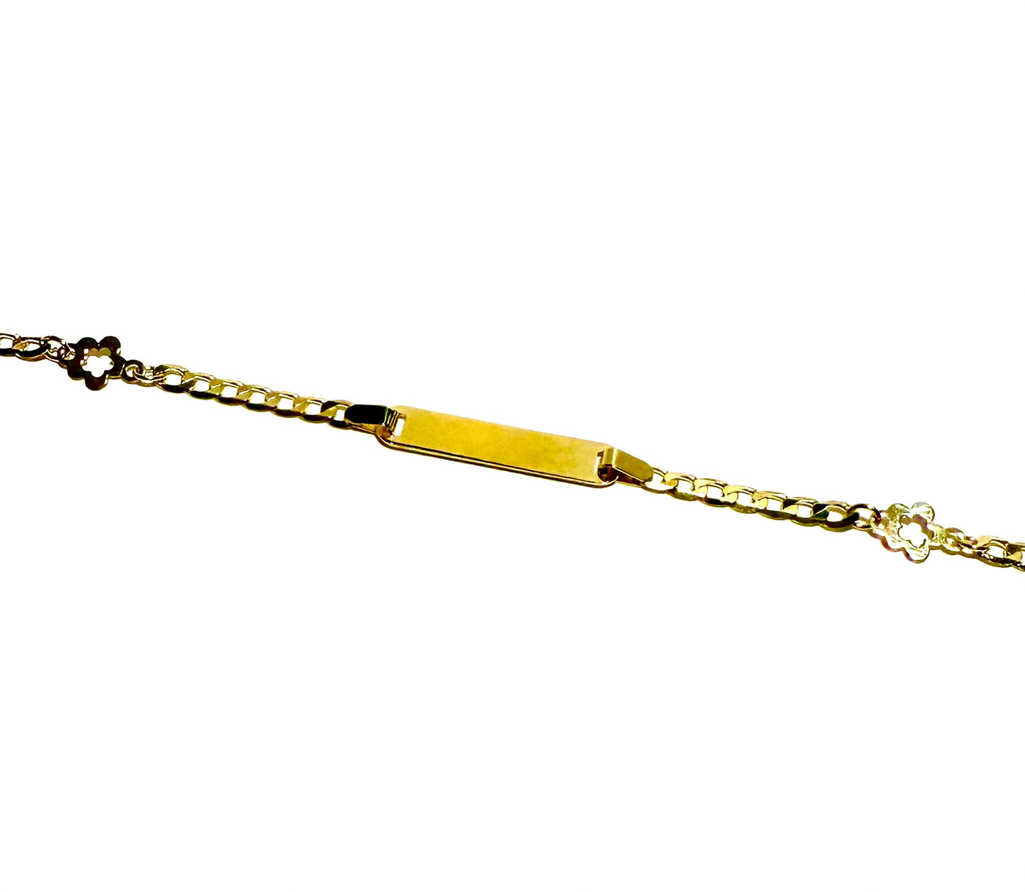 14K Solid Gold Flat Cuban Link Chan with Flower Outline Accent ID Bracelet (Free Engraving)