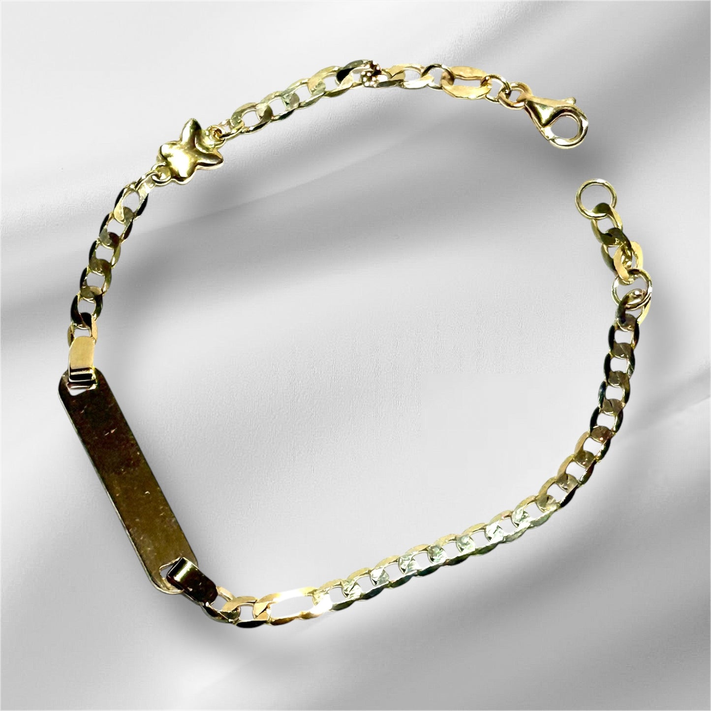 14K Solid Gold Flat Cuban Link Chain with Butterfly Accent ID Bracelet (Free Engraving)