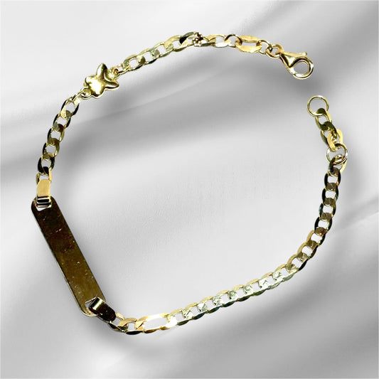 14K Solid Gold Flat Cuban Link Chain with Butterfly Accent ID Bracelet (Free Engraving)