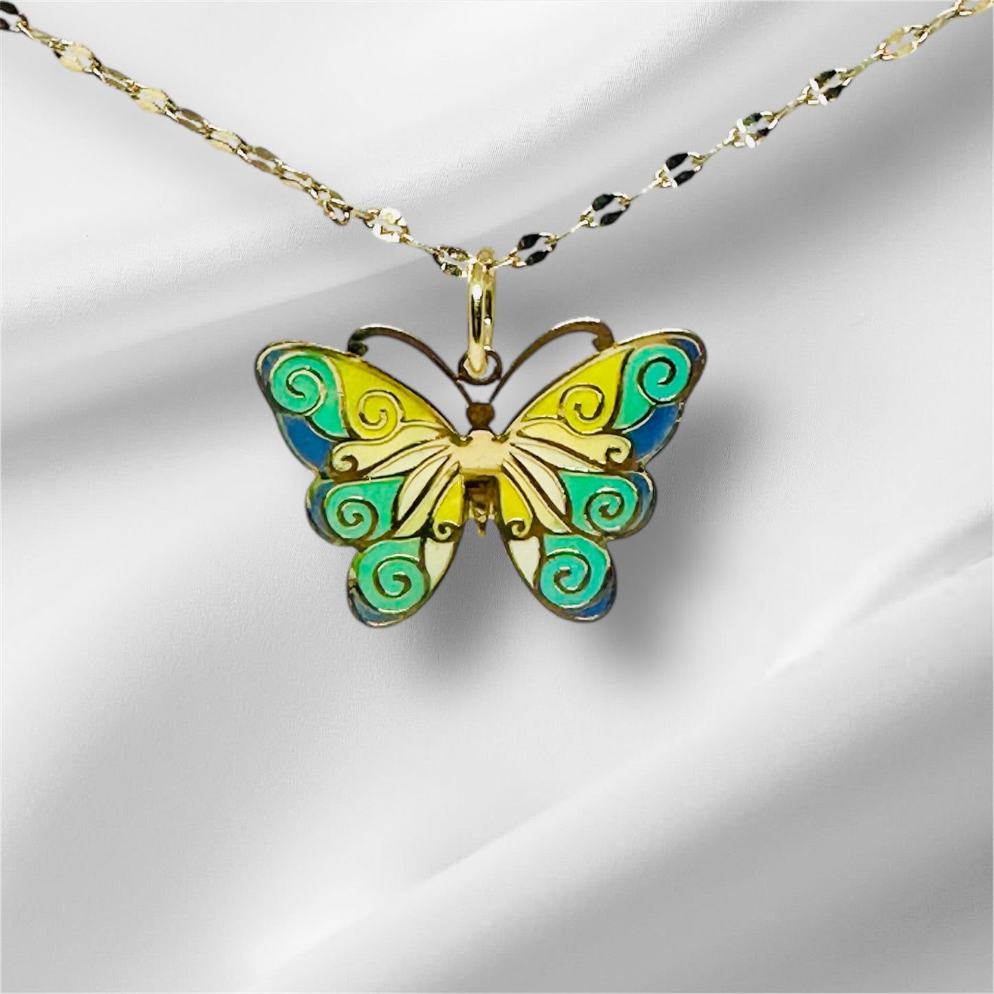 14K Solid Gold Medium Enamel Butterfly Pendant