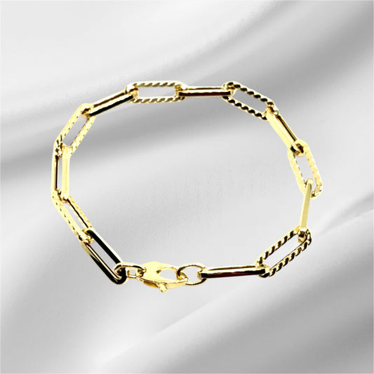 14K Solid Gold Paper Clip Chain Bracelet with Textured Links