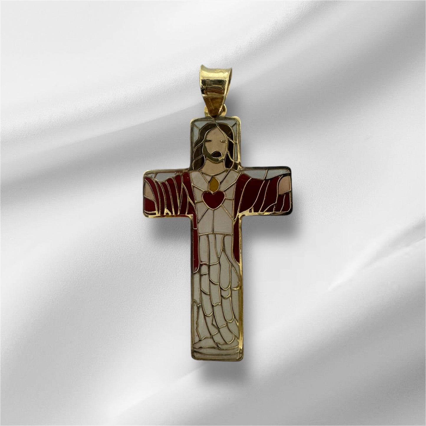 14K Solid Gold Enamel Sacred Heart Pendant