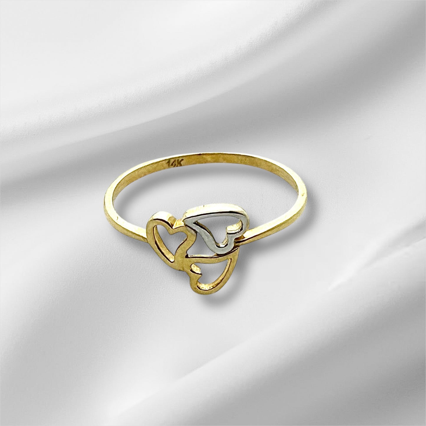 14K Solid Gold Three Hearts Ring