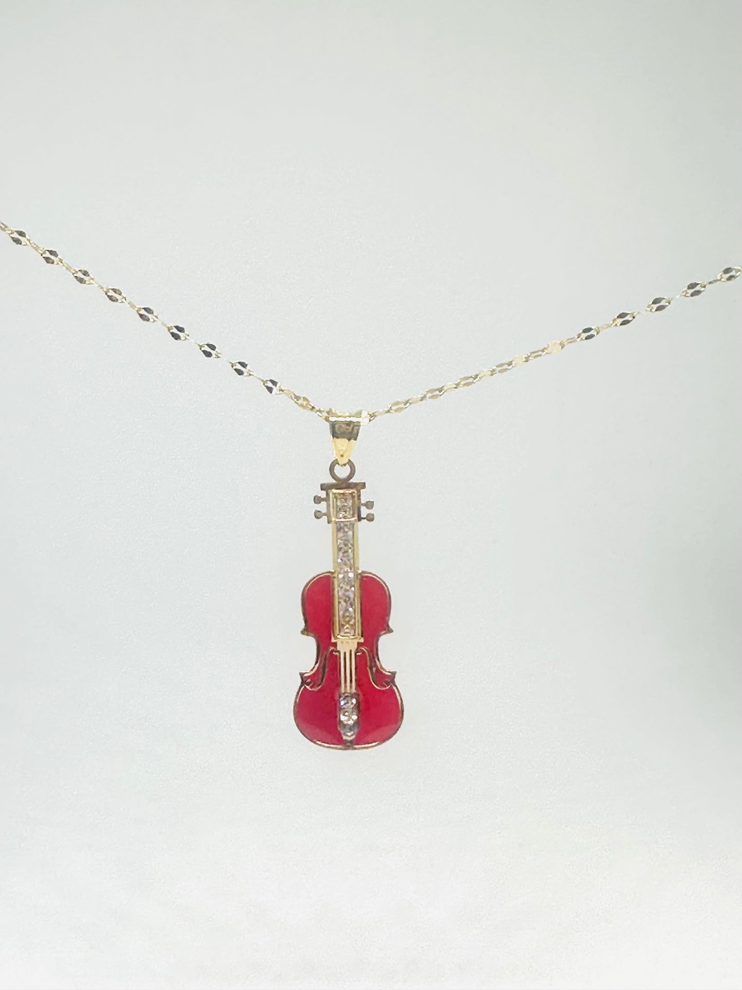 14K Solid Gold Enameled Violin Pendant