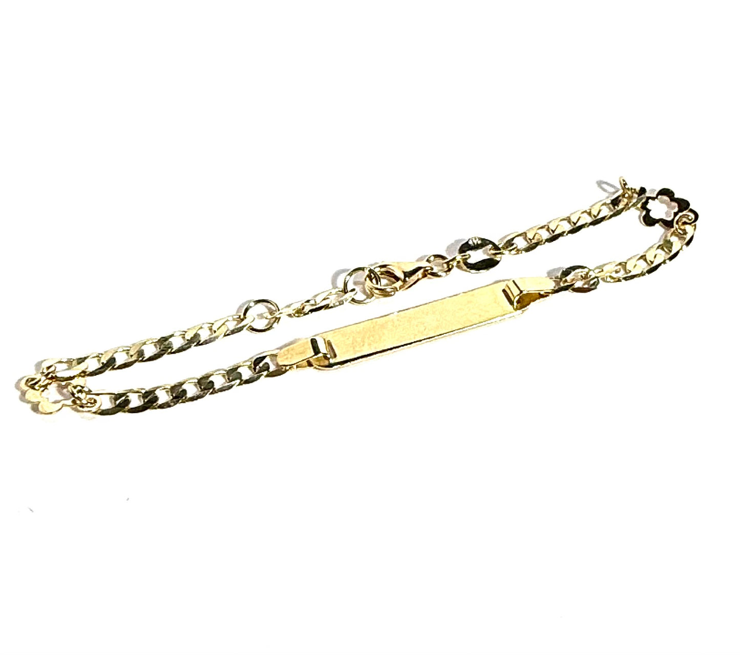 14K Solid Gold Flat Cuban Link Chan with Flower Outline Accent ID Bracelet (Free Engraving)