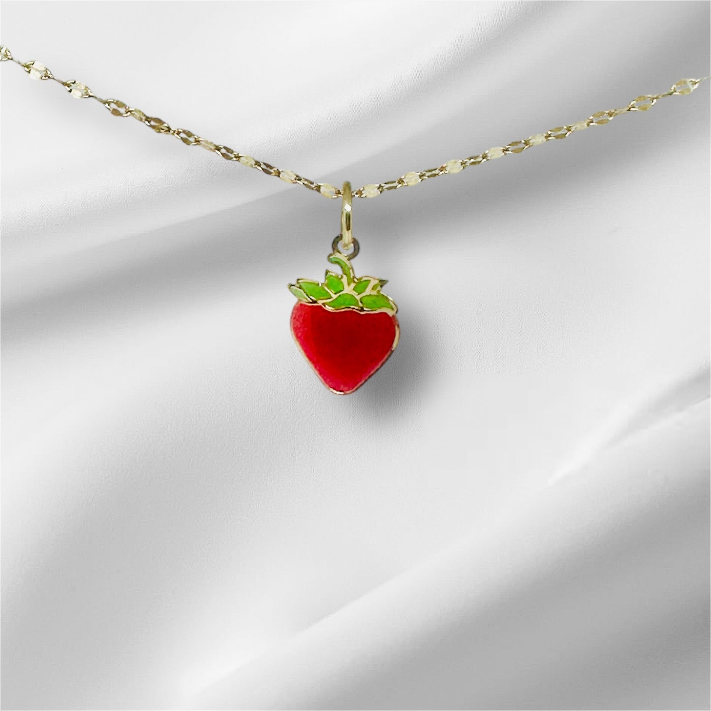14K Solid Gold Enameled Strawberry Pendant