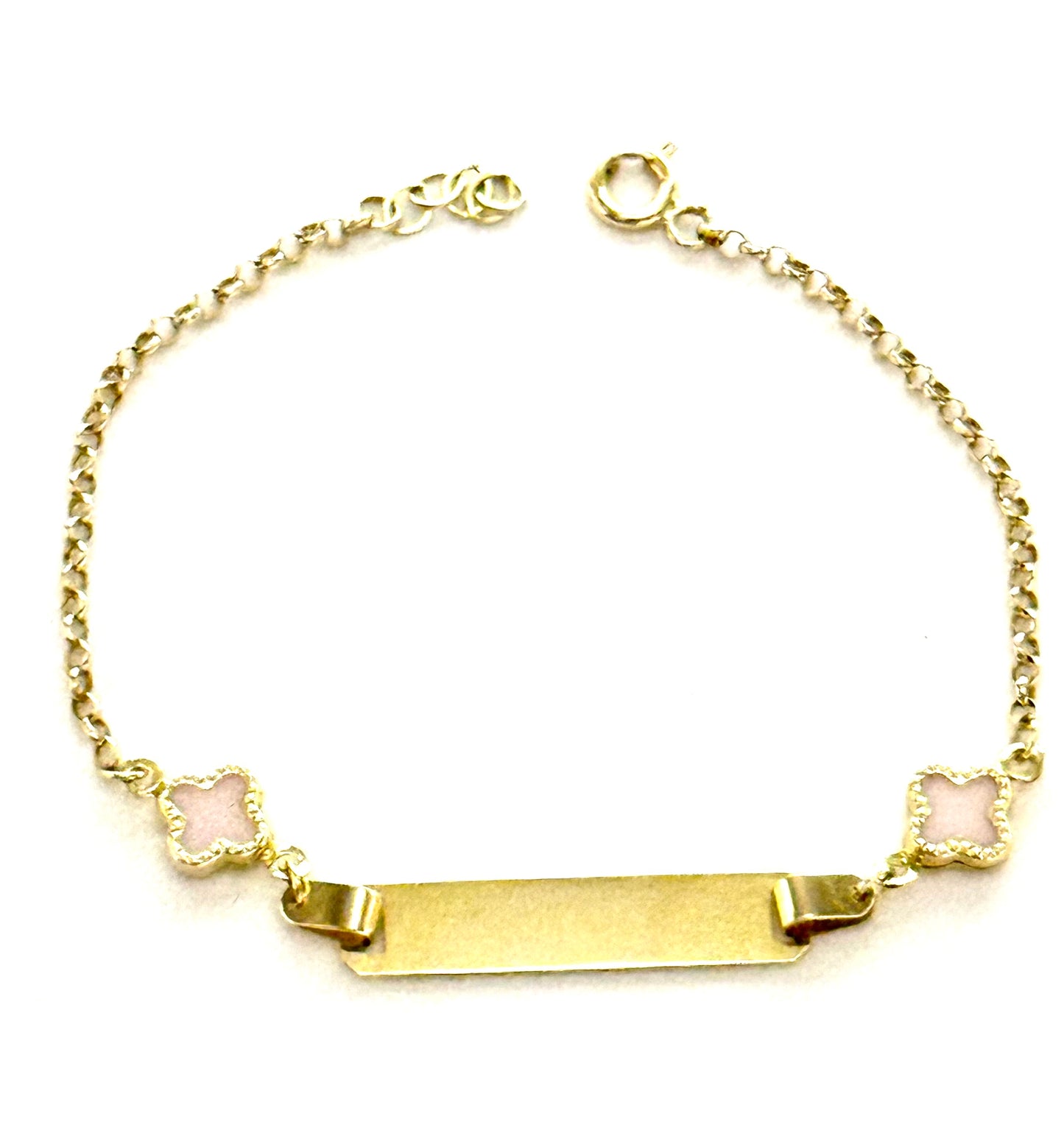 14K Solid Gold Rolo Chain with Four Leaf Clover Accent Baby ID Bracelet (Free Engraving)