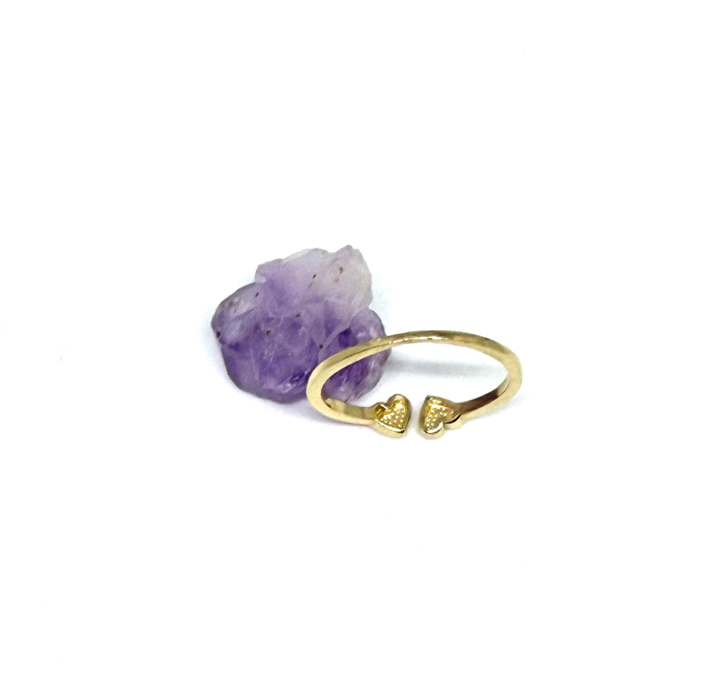 14K Solid Gold Two Puffy Hearts Adjustable Ring