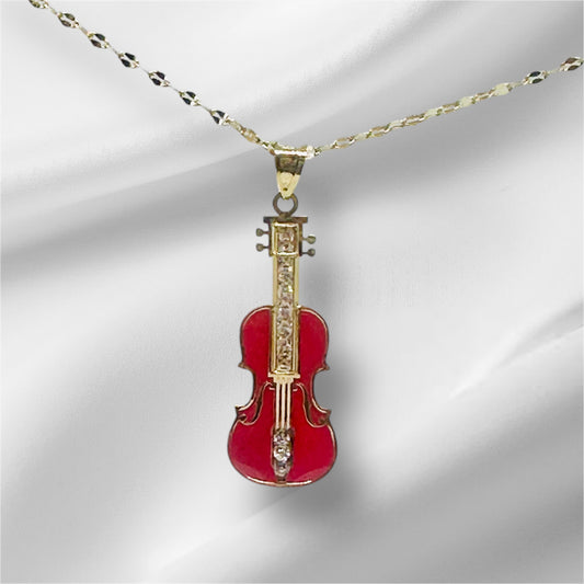 14K Solid Gold Enameled Violin Pendant