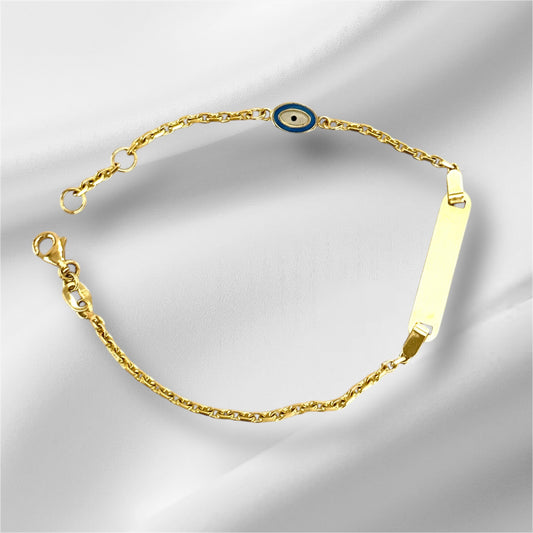 14K Solid Gold Cable Chain ID Bracelet with Blue Evil Eye (Free Engraving)